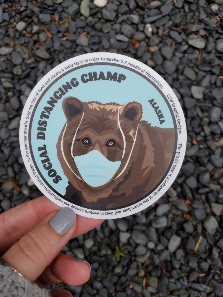 Alaska Bear Sticker - Social Distancing Grizzly Bear Educational Vinyl Graphic Sticker