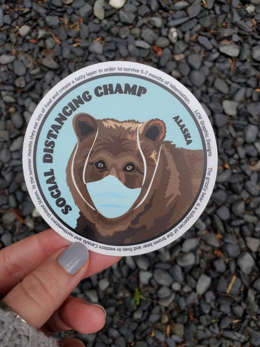 Alaska Bear Sticker - Social Distancing Grizzly Bear Educational Vinyl Graphic Sticker